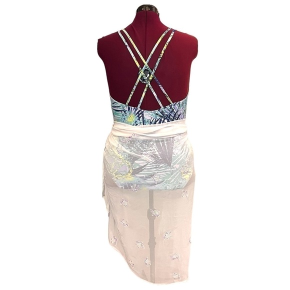 Set of 2: Tropical Palm Print One-Piece Swimsuit & Sea Turtle Chiffon Wrap - Picture 12 of 14